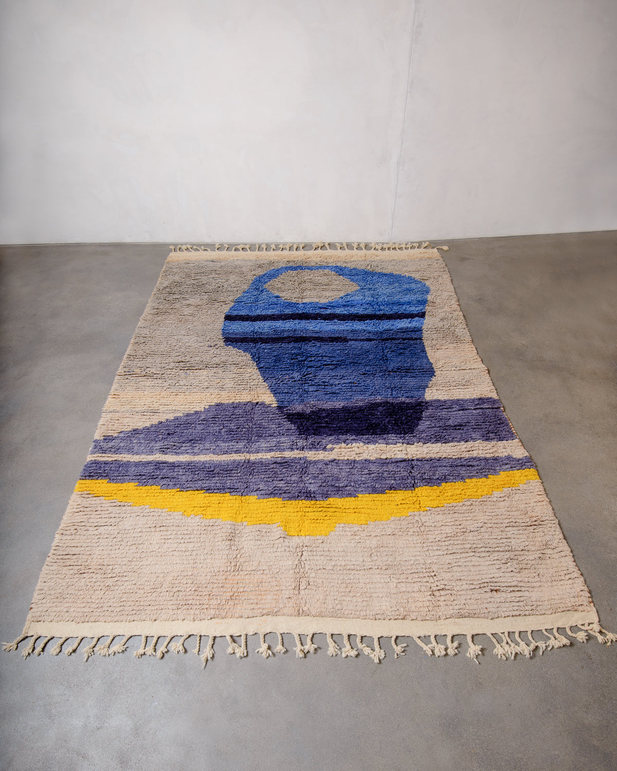 Modern, designer, handcrafted Berber rug from Morocco. Vintage carpet with beautiful colours and patterns and fluffy texture.